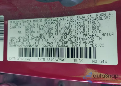2006 Toyota Tacoma Base V6 from USA, damaged, VIN 3TMMU52N76M002670